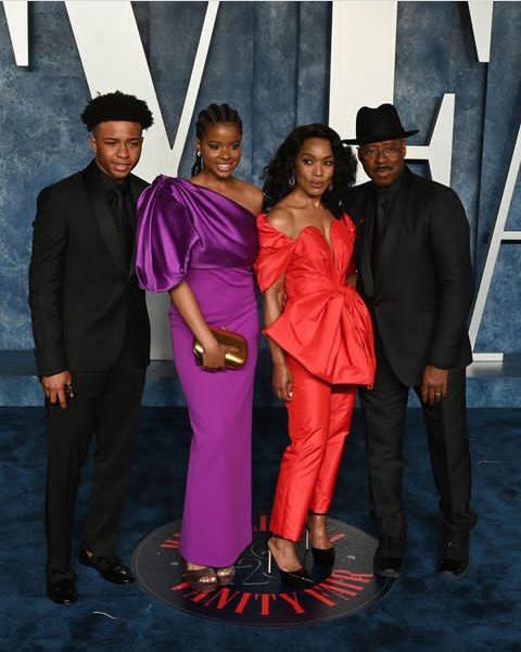 Bronwyn, her twin brother, Slater Josiah Vance, mom, Angela Bassett, and dad, Courtney B. Vance during the Oscar 2023 award night. Photo credit: Instagram/@bronwynn.v. 