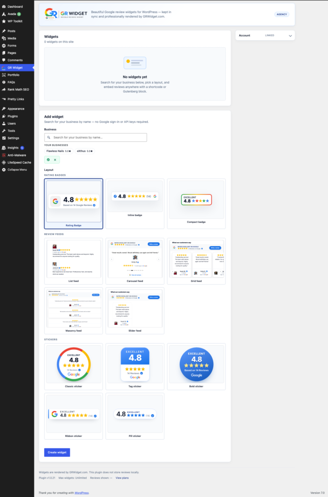 A preview of the GR Widget Google Reviews Plugin on WordPress.